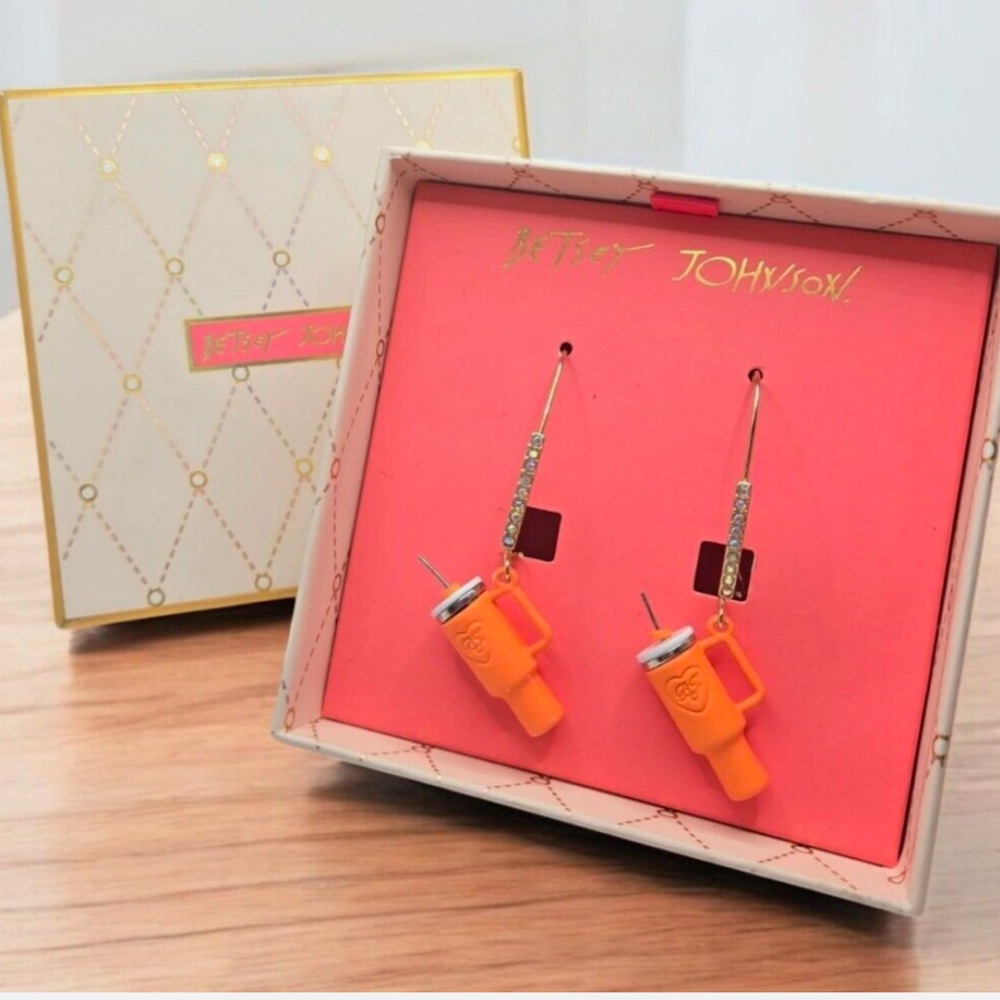 Betsey Johnson Stanley Tumbler Cup Orange Dangle Rhinestone Lux Earrings New